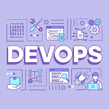 DevOps word concepts banner. Software development and operations collaboration. Binary system. Presentation, website. Isolated lettering typography idea with linear icons. Vector outline illustrationのイラスト素材
