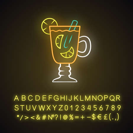 Hot toddy neon light icon. Hot whiskey in Irish coffee glass. Spiced everage in footed tumbler with handle. Glowing sign with alphabet, numbers and symbols. Vector isolated illustrationのイラスト素材