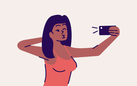 Selfie pose flat vector illustration. Happy woman taking self photo. Girl kissing and winking for portrait in smartphone camera. Mobile phone photography isolated cartoon character on grey backgroundのイラスト素材