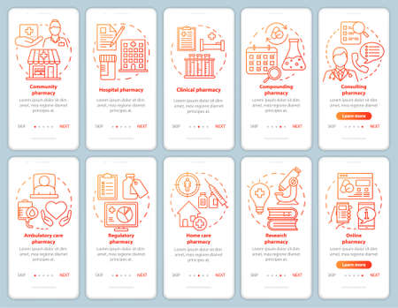Pharmacy types and services onboarding mobile app page screen vector template. Hospital pharmacology. Walkthrough website steps with linear illustrations. UX, UI, GUI smartphone interface concept setのイラスト素材
