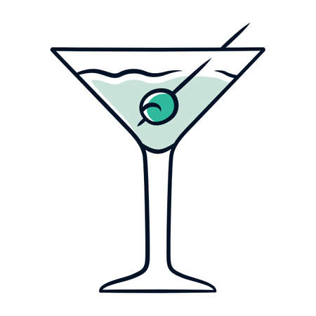 Martini blue color icon. Footed glass with drink and olive. Cocktail with gin and vermouth. Refreshing alcoholic beverage for party. Tumbler with mixed drink. Isolated vector illustrationのイラスト素材
