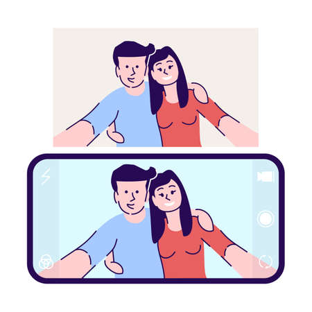 Selfie flat vector illustration. Couple in love taking photo. Smiling man and woman hugging for romantic self portrait isolated cartoon character on with outline elements on white backgroundのイラスト素材