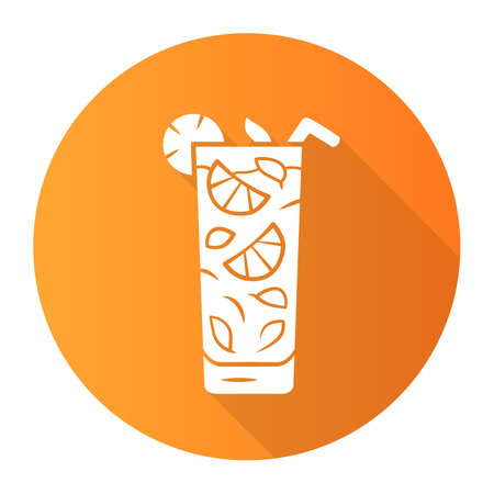 Moxito orange flat design long shadow glyph icon. Mojito cocktail in highball glass slice of citrus and straw. Mixed Refreshing alcohol drink with mint and lemon. Vector silhouette illustrationのイラスト素材