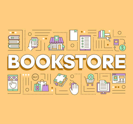 Bookstore word concepts banner. Buying books online. Presentation, website. Purchasing in internet bookshop. Isolated lettering typography idea with linear icons on yellow. Vector outline illustrationのイラスト素材