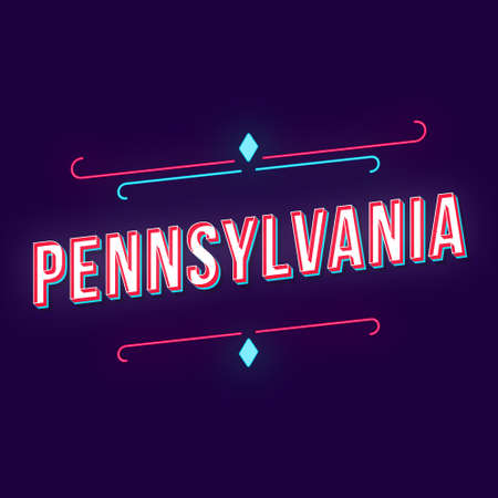 Pennsylvania vintage 3d vector lettering. Retro bold font, typeface with neon light decorative lines. Pop art stylized text. 90s, 80s poster, t shirt typography design. Dark violet color backgroundのイラスト素材