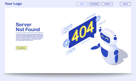 Server not found isometric webpage template. Computerized broken links detection. Robot, cyborg...