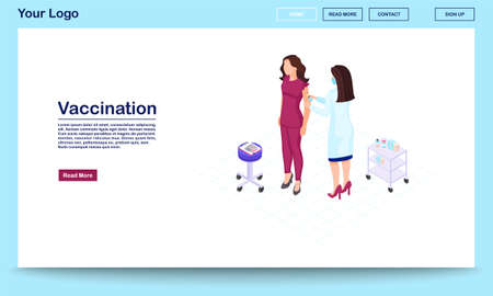 Vaccination webpage vector template with isometric illustration. Physician giving injection to patient. Woman and doctor, therapist, nurse. Website interface design. Webpage, mobile app 3d conceptのイラスト素材