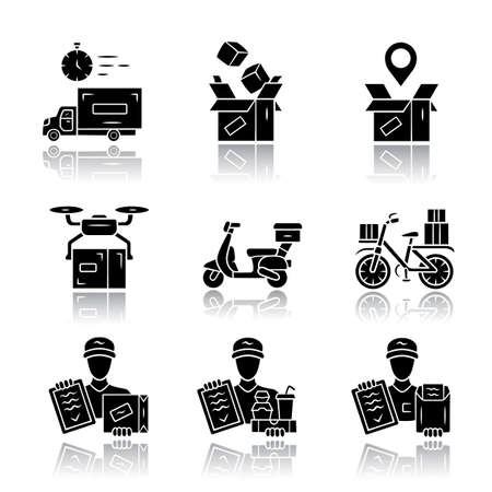Delivery drop shadow black glyph icons set. Parcel packing and order tracking. Courier, messenger service. Scooter, bicycle delivery. Logistics and distribution. Shipment Isolated vector illustrationsのイラスト素材