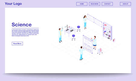 Chemistry research isometric website template. Cartoon lab workers holding glassware for scientific experiment. Scientists studying chemical reactions in beakers. Pharmaceutical company landing pageのイラスト素材