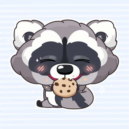 Cute raccoon kawaii cartoon character. Adorable and funny animal eating biscuits, cookies isolated sticker, patch, kids book illustration. Anime baby raccoon tasting sweets emoji on blue backgroundのイラスト素材