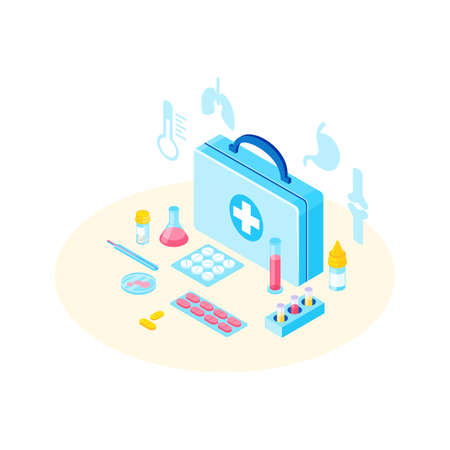 First aid kit with medicine isometric illustration. Treatment for lungs, stomach, bones diseases, illnesses. Pills, antibiotics for lowering fever. Testing experimental medicine in lab Petri dishのイラスト素材
