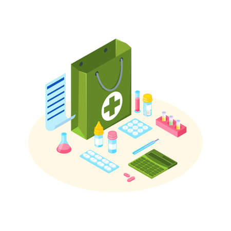 Drugstore bag with prescription list isometric illustration. Calculating treatment cost. Pills, tablets, capsules in blisters. Bottles with mixtures, vitamin supplements. Lab flask, beakers with fluidのイラスト素材