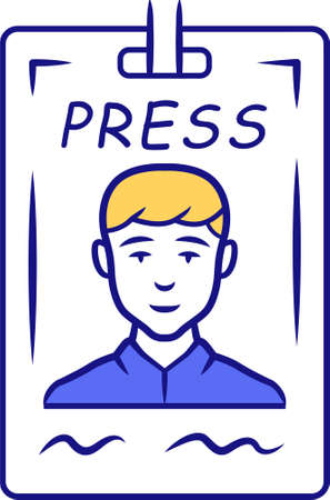 Press pass blue color icon. Journalist, reporter ID badge. Press identification card. Backstage VIP entry permit, conference entrance ticket. Corporate pass holder. Isolated vector illustrationのイラスト素材