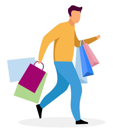 Shopping rush flat vector illustration. Shopper running in haste with bags cartoon character. Boyfriend buys presents for sweetheart. Husband looking for Christmas. Shopaholic doing purchasesのイラスト素材