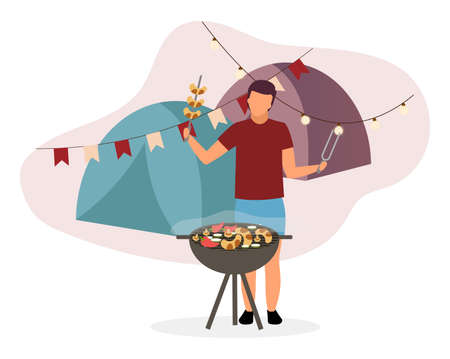 Summer camp barbeque flat vector illustration. Hiker, camper frying sausages on BBQ grill. Husband, father cooking grilled vegetables for picnic in fresh air. Tourist preparing snacks in countrysideのイラスト素材
