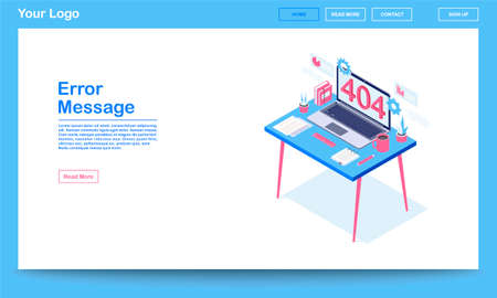 Error message isometric landing page template. 404 error webpage with text space. Server not found,...