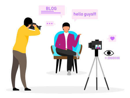 Blogger flat vector illustration. Online tutorial, channel, blog. Blogger creating video content at studio with cameraman. Social media vlog content. Isolated cartoon character on white backgroundのイラスト素材