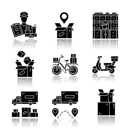 Delivery drop shadow black glyph icons set. Parcel tracking, post office, cardboard box, order packing. Heavy goods shipping truck. Scooter, bicycle delivery. Isolated vector illustrationsのイラスト素材