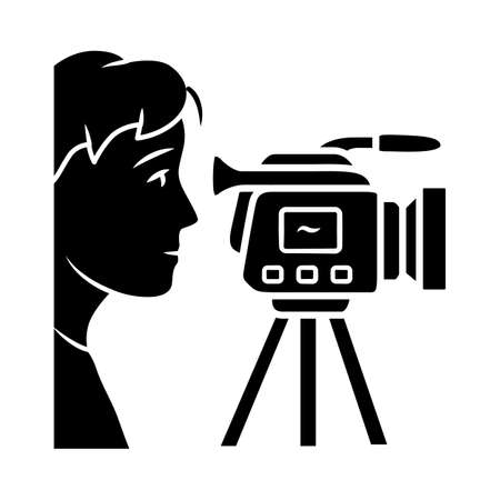 Cameraman glyph icon. Videorecording, filming. Videographer, operator with camera. Video journalist, reporter. Filmmaking. Silhouette symbol. Negative space. Vector isolated illustrationのイラスト素材