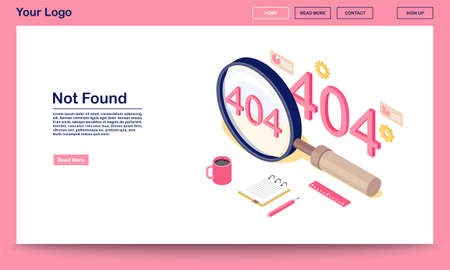 Not found standard code isometric webpage template. 404 error message in magnifying glass. Disconnected server notification landing page with text space. Web search problems statisticsのイラスト素材