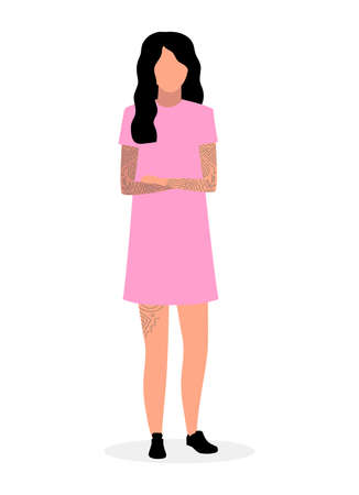 Young hipster girl flat illustration. Teenager in pink dress and tattoos isolated cartoon character on white background. Swag, chic girl, fashionista standing with crossed hands and brunette hairのイラスト素材