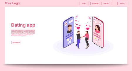 Dating app webpage vector template with isometric illustration. Persons social network profile. Real world acquaintance, messaging website interface. Socializing pink webpage, mobile app 3d conceptのイラスト素材