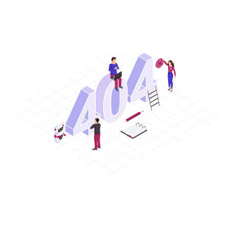 Solving 404 problem concept isometric illustration. Tiny IT specialists repairing disconnected,...