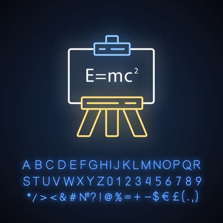Modern physics neon light icon. Theory of relativity and quantum mechanics. Einstein formula on whiteboard. Glowing sign with alphabet, numbers and symbols. Vector isolated illustrationのイラスト素材