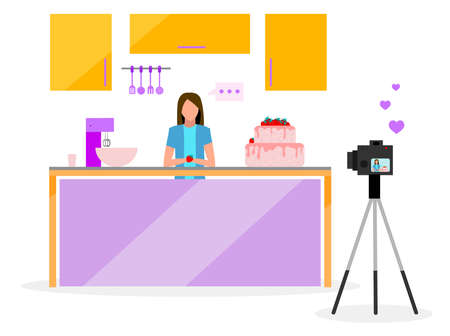 Cook blogger flat vector illustration. Filmmaker, vlogger, influencer streaming video. Confectionery, bakery video tutorial. Social media vlog content. Isolated cartoon character on white backgroundのイラスト素材