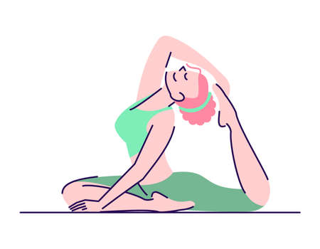 Woman practicing rajakapotasana exercise flat vector illustration. Yoga practice. Girl sitting in one legged king pigeon pose isolated cartoon character with outline elements on white backgroundのイラスト素材