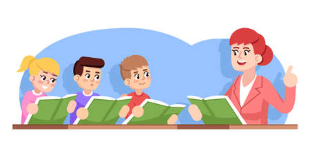 Rehearsal of children choir flat vector illustration. Kids ensemble. Music school performance. Extracurricular activities. Girl and boys ready to sing, teacher conducting cartoon charactersのイラスト素材