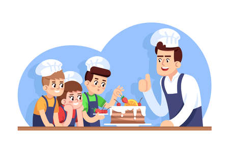 ?hildren cooking class flat vector illustration. Culinary school for kids. Treat for mothers day. Extracurricular activity. Interest club. Boys decorating cake, chef approving cartoon charactersのイラスト素材