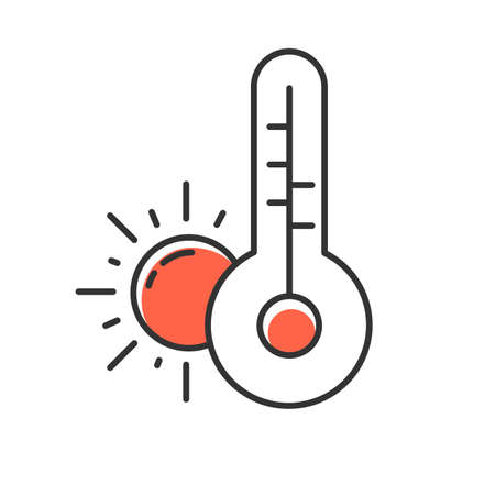 Weather forecast red color icon. Anticyclone. Drought. Atmospheric conditions and air temperature. Sun and thermometer. Meteorological observations. Global warming. Isolated vector illustrationのイラスト素材