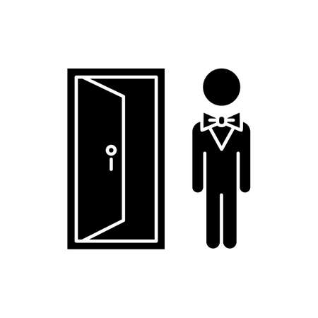 Doorman glyph icon. Motel door person, butler, bellboy. Bellhop, receptionist opening door, inviting visitants. Lobby manager, servant. Silhouette symbol. Negative space. Vector isolated illustrationのイラスト素材