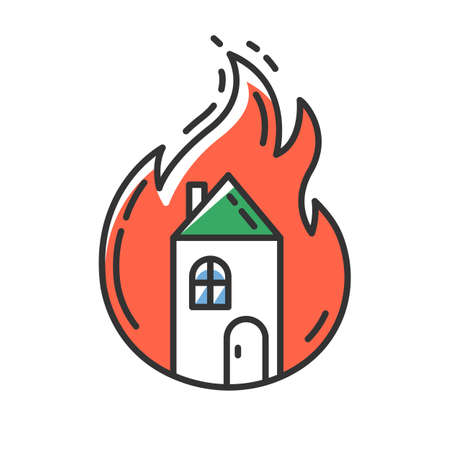 House on fire red color icon. Burning building. Arson of property. Home combustion. Dwelling conflagration. Ignoring fire safety regulations. Insurance case. Isolated vector illustrationのイラスト素材