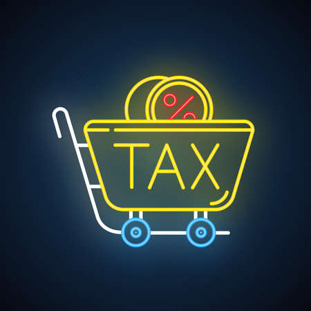 Sales tax ID neon light icon. Price formation. Excise duty. Taxation. Value added tax. Bills payment. Retail sale. Glowing sign with alphabet, numbers and symbols. Vector isolated illustrationのイラスト素材
