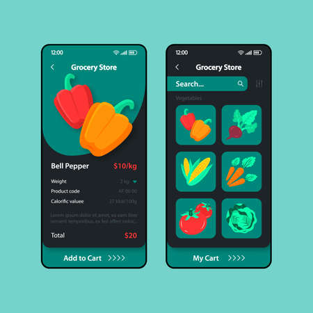 Grocery store smartphone interface vector template set. Mobile app page turquoise and black design...