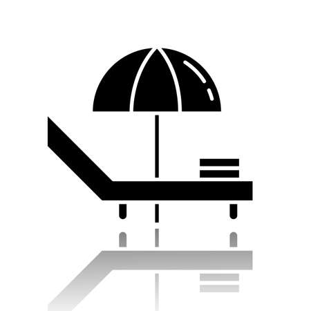 Deck chair drop shadow black glyph icon. Beach, sea coast rest furniture. Summertime leisure. Chaise longue, deckchair with umbrella. Sun deck for relax. Vector isolated illustrationのイラスト素材