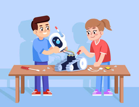 Boy and girl assemble robot flat vector illustration. Electronic constructor for kids. Robotics course for children. Young students learning mechanism of droid device cartoon charactersのイラスト素材