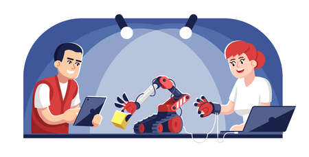 Man and woman operating robot arm flat vector illustration. Droid designing and programming....