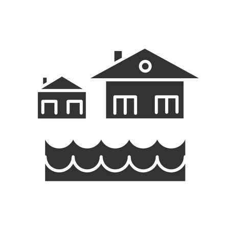 Flood glyph icon. Sinking settlement. Submerged houses. Flooding locality. Overflow of water. River, lake level rise. Natural disaster. Silhouette symbol. Negative space. Vector isolated illustrationのイラスト素材