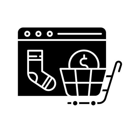 Online store website glyph icon. Marketplace online shopping. Internet trading business. Buying goods over site. E commerce seller. Silhouette symbol. Negative space. Vector isolated illustrationのイラスト素材