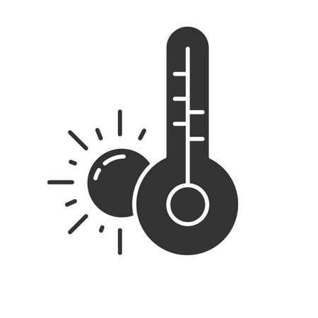 Weather forecast glyph icon. Anticyclone. Drought. Atmospheric conditions and air temperature. Sun and thermometer. Global warming. Silhouette symbol. Negative space. Vector isolated illustrationのイラスト素材