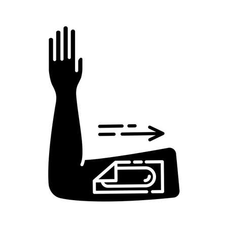 Arm waxing glyph icon. Female body hair removal procedure. Depilation with natural soft, cold wax strip. Professional beauty treatment. Silhouette symbol. Negative space. Vector isolated illustrationのイラスト素材