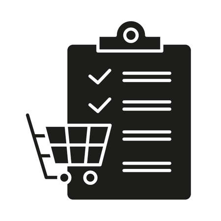 Shopping list glyph icon. Planning purchases in store. Adding products to trolley. Merchandise and consumerism. Checklist writing. Silhouette symbol. Negative space. Vector isolated illustrationのイラスト素材