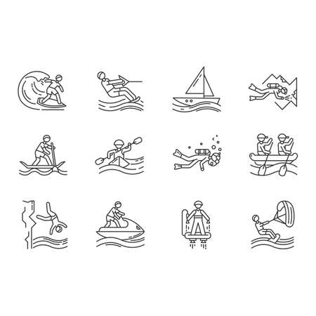 Watersports linear icons set. Cave diving, kiteboarding, flyboarding and jet skiing. Cliff jumping and paddle surfing.Thin line contour symbols. Isolated vector outline illustrations. Editable strokeのイラスト素材