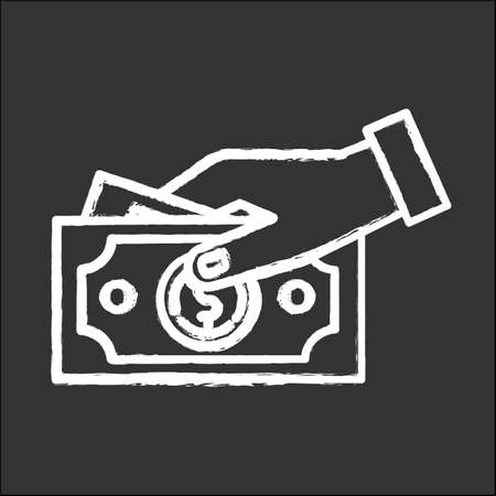 Payment by cash chalk icon. Hand holding dollars banknotes. Money turnover. Customer paying for products. Financial operation. Bribery and corruption. Isolated vector chalkboard illustrationのイラスト素材