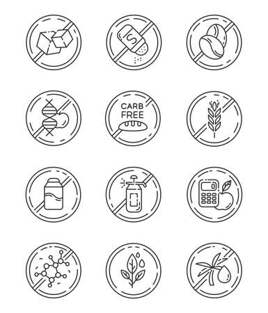 Product free ingredient linear icons set. No paraben, lactose. Non-chemical herbs. Dietary without allergens. Thin line contour symbols. Isolated vector outline illustrations. Editable strokeのイラスト素材