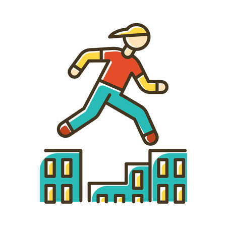 Parkour color icon. Traceur running in city environment. Traversing obstacles. Person jumping in urban space. Street workout. Extreme sport Isolated vector illustrationのイラスト素材