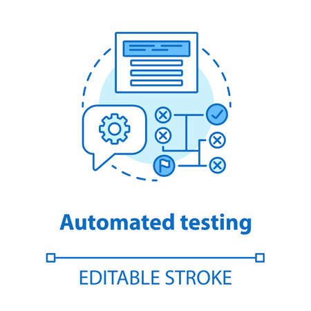 Automated testing concept icon. Software development tools idea thin line illustration. Mobile device programming and coding. Project management. Vector isolated outline drawing. Editable strokeのイラスト素材